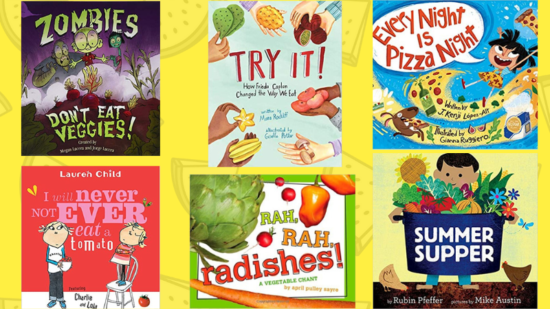 Collage of six books about nutrition and healthy eating habits for the classroom