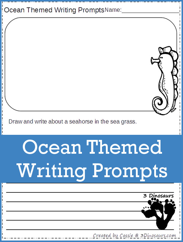 A paper reads Ocean Themed Writing Prompts. There are lines on the bottom of the page and a space to draw at the top (ocean activities)