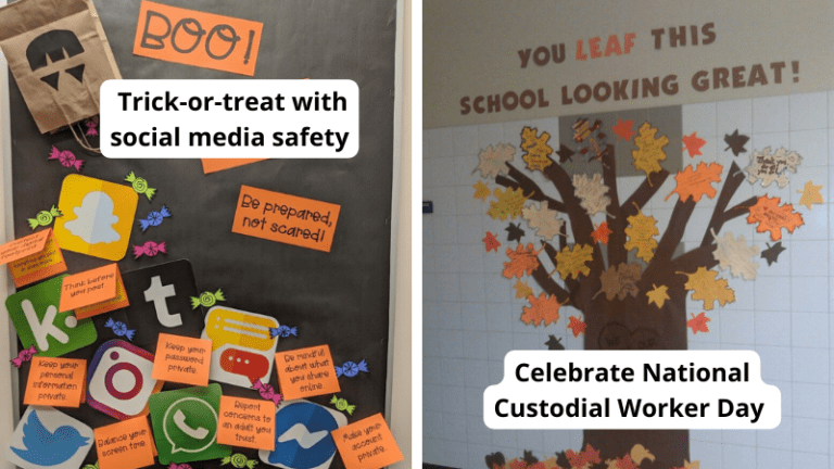 October bulletin board ideas including leaves falling off tree for National Custodial Worker Day and social media safety tips falling out of a trick-or-treat bag.