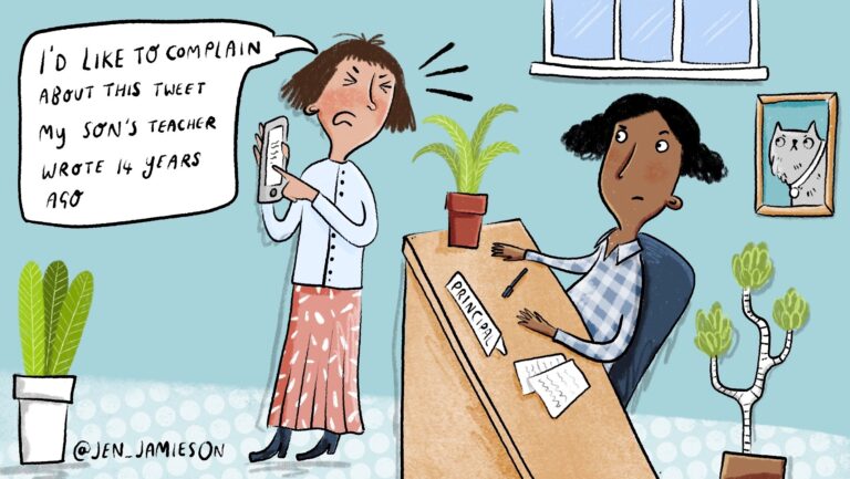 Illustration of parent complaining to principal about teacher's old tweets