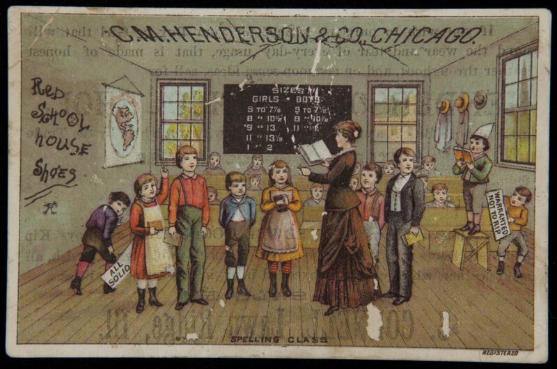 Illustration of teacher and students in a one room schoolhouse