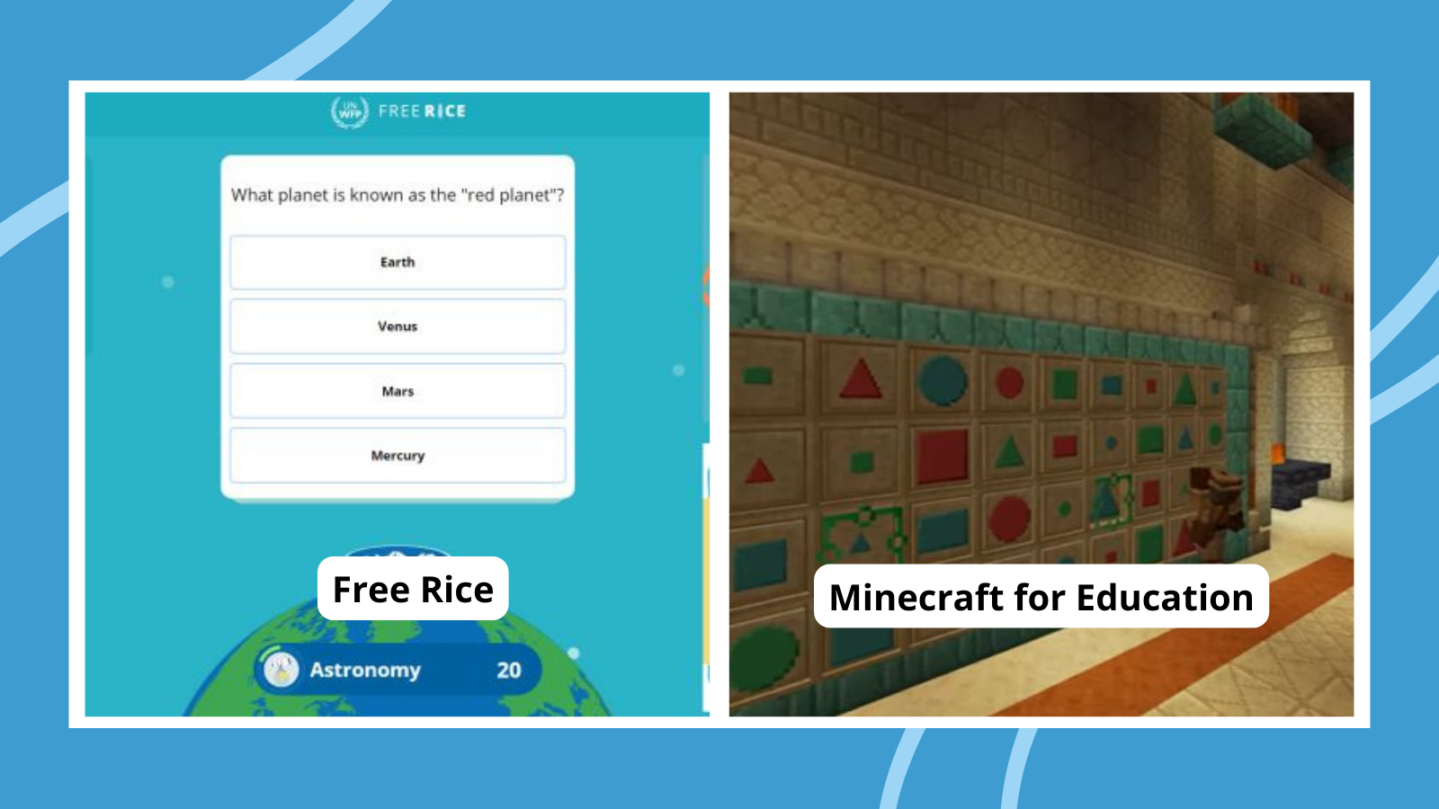 Collage of online educational games including Free Rice and Minecraft for Education