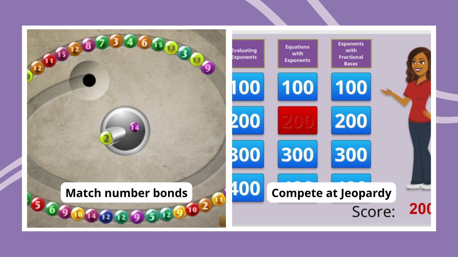 Collage of online interactive math games including Number Bonds Match and Algebra Jeopardy