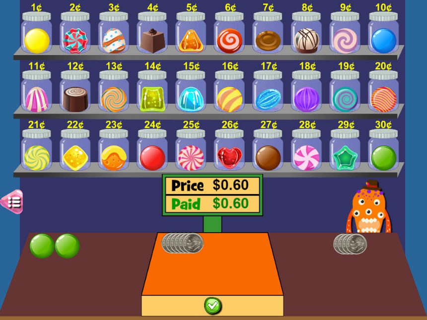 Screenshot from Candy Cashier online math game showing rows of candy jars marked with prices, and money for paying