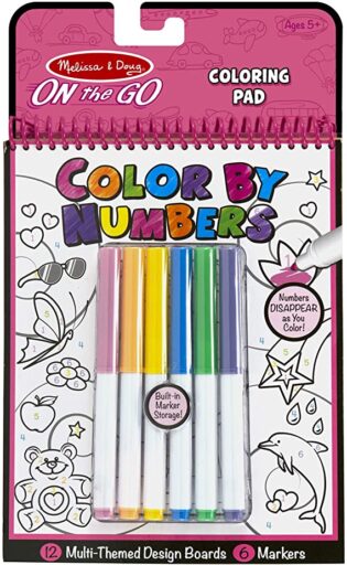 Book cover: On the Go Color by Numbers. A spiral pad is shown with the title in rainbow block letters. Six different colored markers are encased in the front cover. The tip of a pink marker is shown coloring a flower. There are other uncolored illustrations shown with numbers on them. 