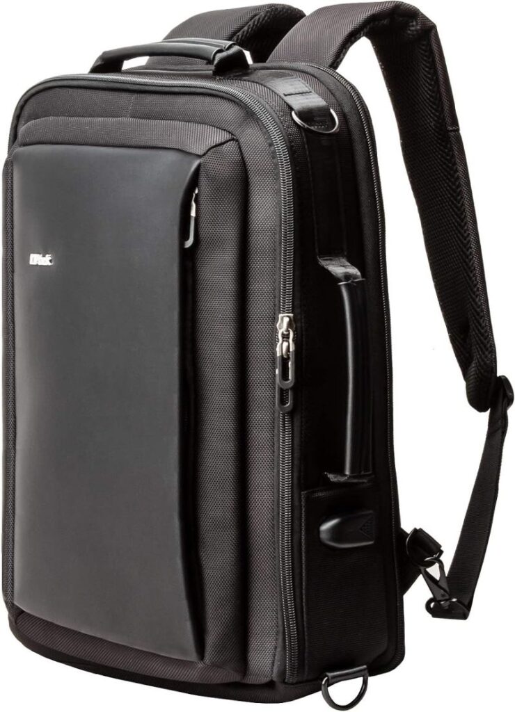 Sleek black backpack with several vertical zipper pockets