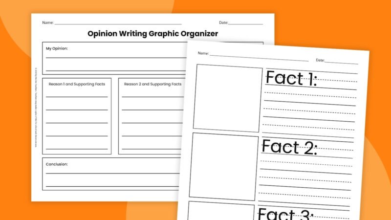 Opinion Writing Graphic Organizer Two-page opinion writing graphic organizer on an orange background