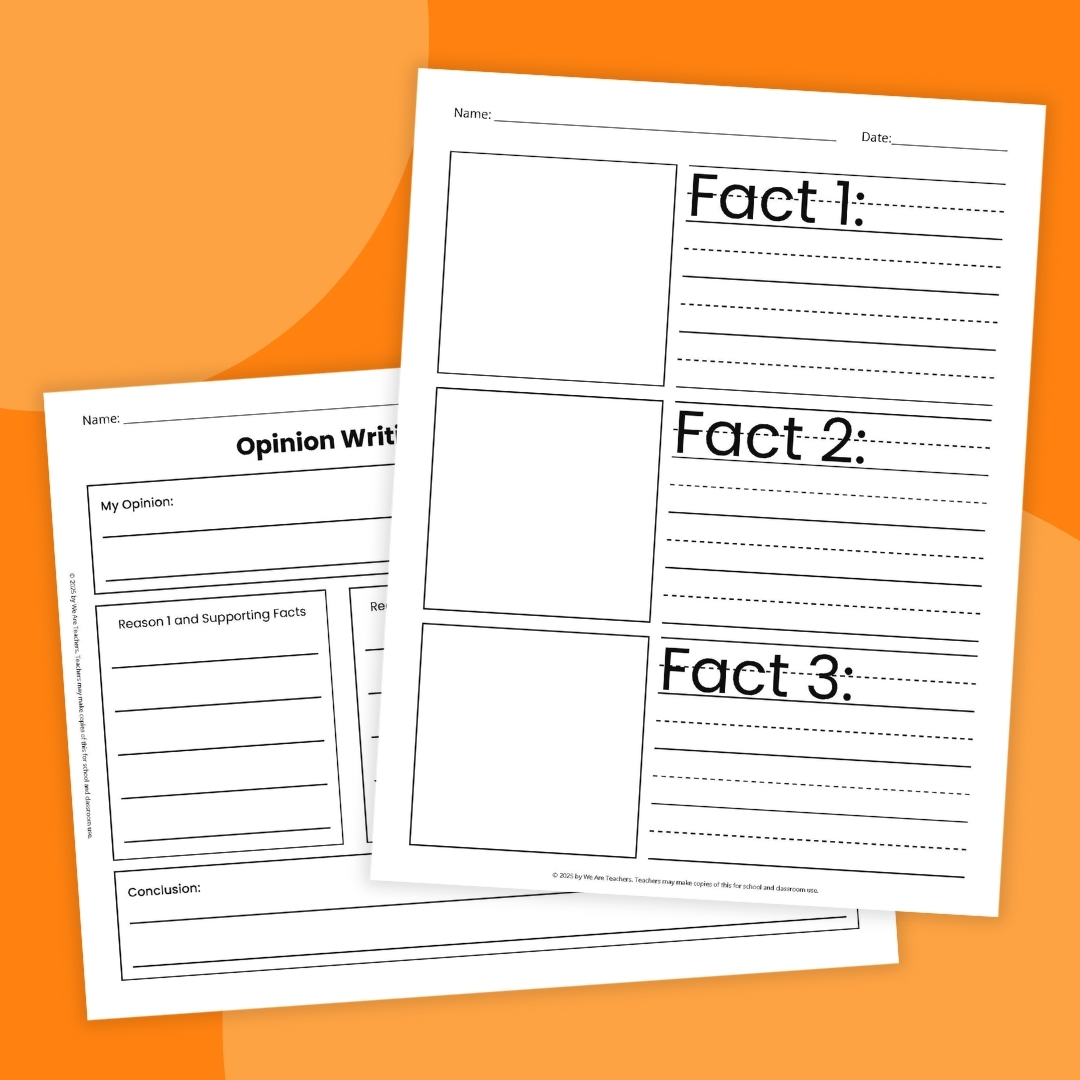 Opinion Writing Graphic Organizer Two page opinion writing graphic organizer on orange background