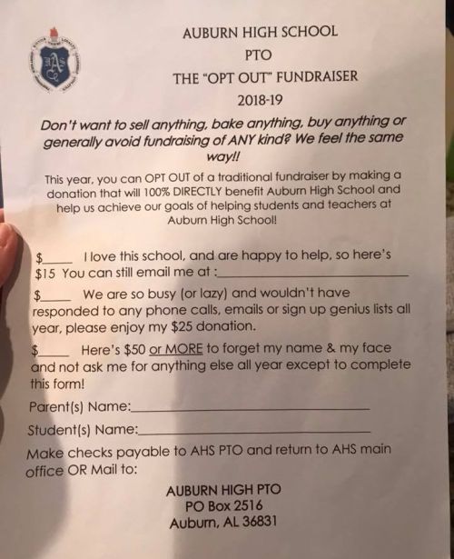 Original opt-out fundraiser letter from Auburn High School from Briana Legget Woods' Facebook post