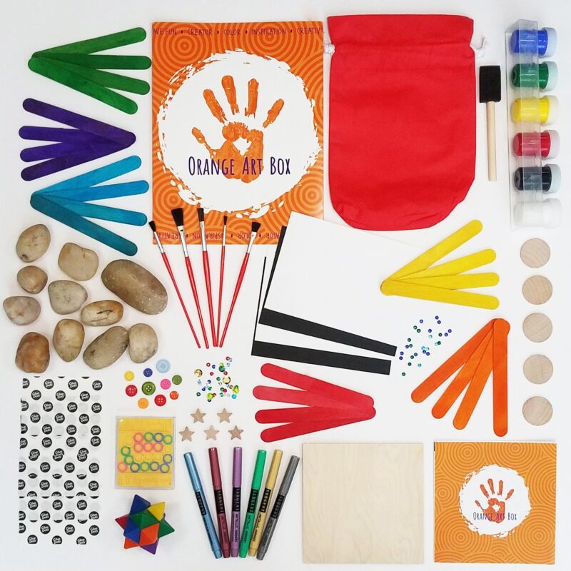 Examples of art supplies included with the Orange Art Box- educational subscription boxes