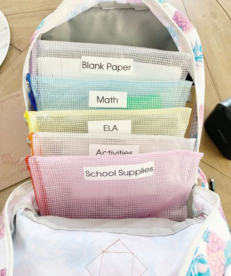 A student's backpack, open to show individual storage bags for each school subject
