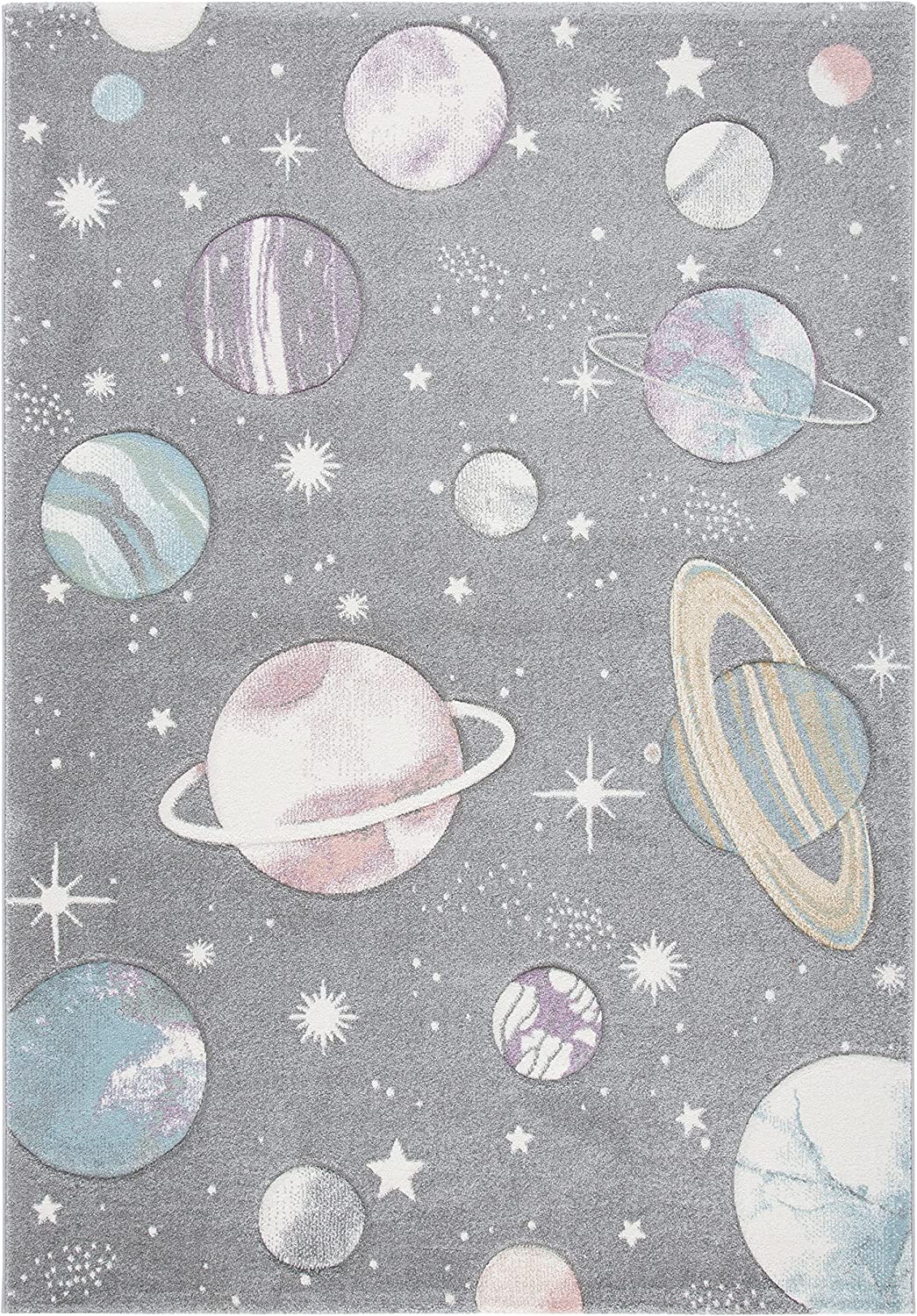 A gray neutral rug has planets on it. 