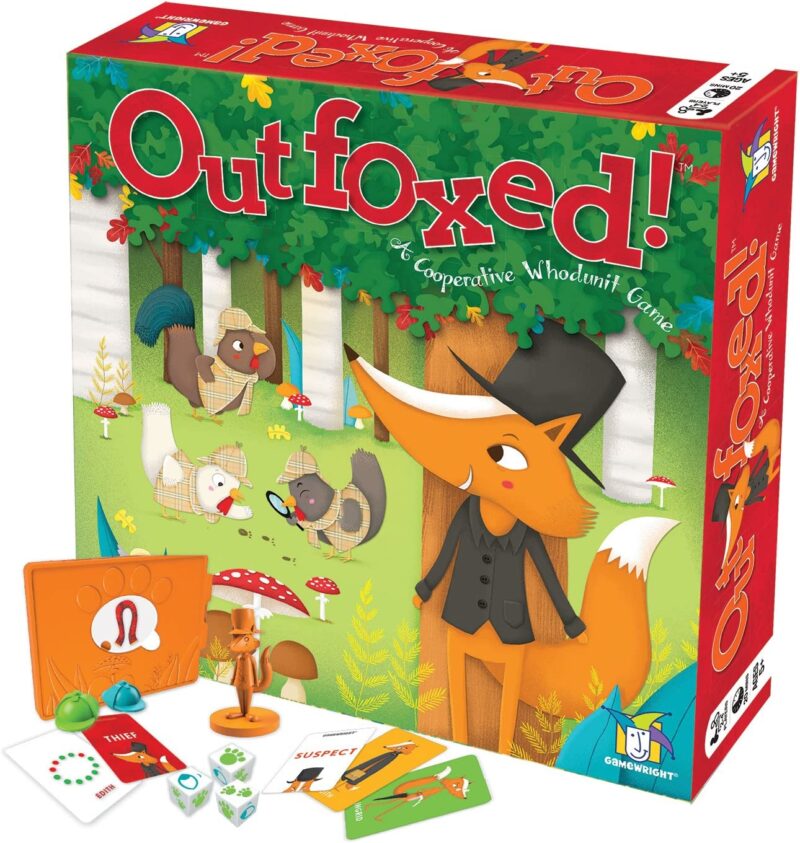 A box says Outfoxed! on it and has a picture of a cartoon fox in a top hat on it. (educational board games) 