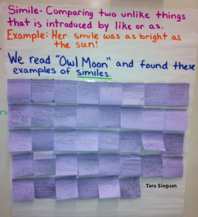 An anchor chart with the definition of a simile and sticky notes with simile examples from Owl Moon