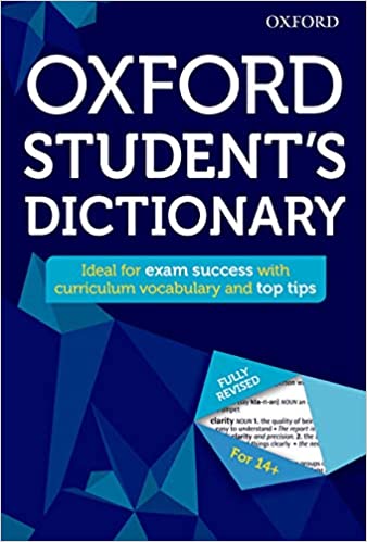 A dark blue dictionary has large white writing that reads Oxford Studen'ts Dictionary. Ideal for exam success with curriculum vocabulary and top tips. (dictionaries for kids)