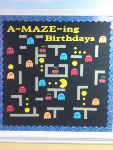a-maze-ing birthday pac-man video game arcade themed birthday bulletin board