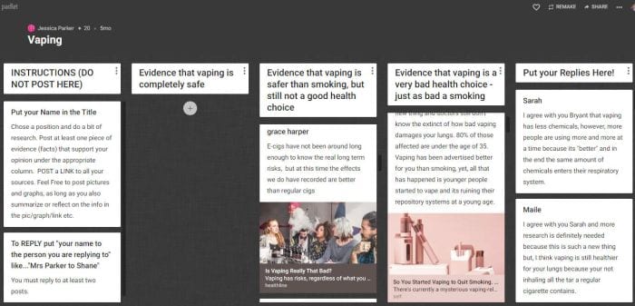 Padlet with facts about vaping and student discussion