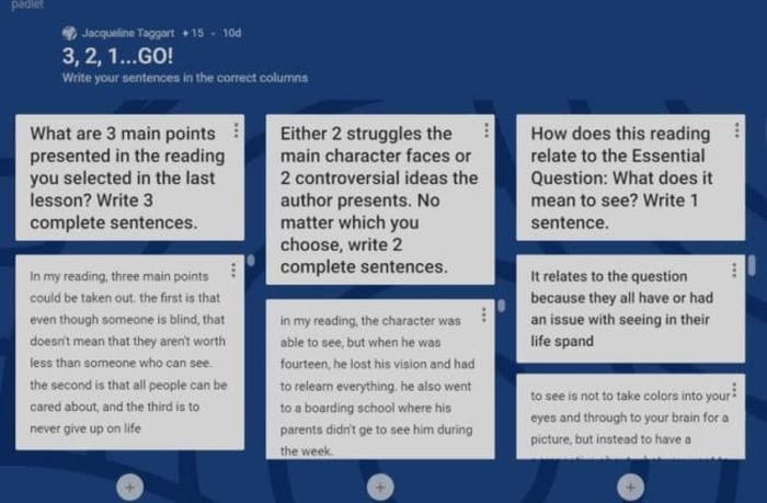 Padlet showing exit ticket answers for a language arts class