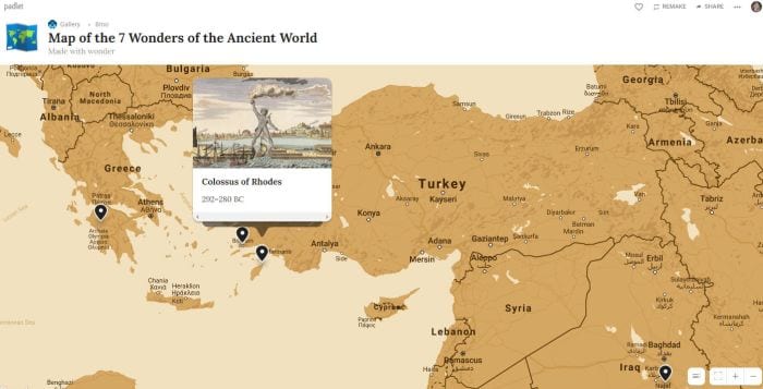 Padlet showing map of the 7 ancient wonders of the world (Padlet for Teachers)