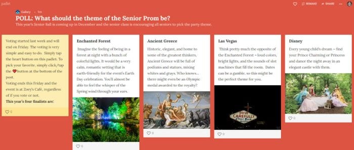 Padlet asking which of several themes should be used for senior prom