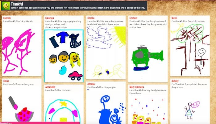 Padlet showing student responses to a prompt asking why they are thankful