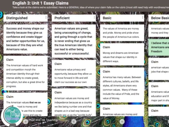 Padlet showing student's claim statements organized by quality