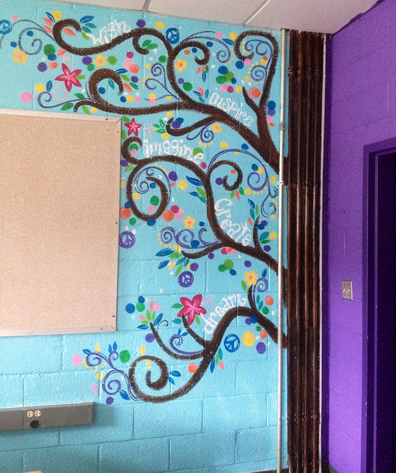 Painted tree mural on classroom wall.