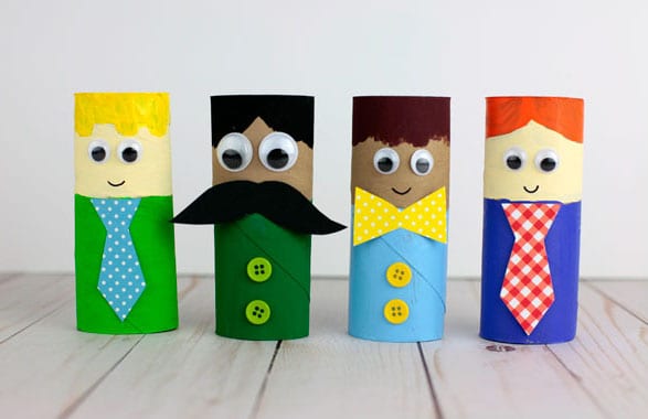 Paper roll figurines decorated like dads. They have googly eyes and different ties, moustaches, etc.