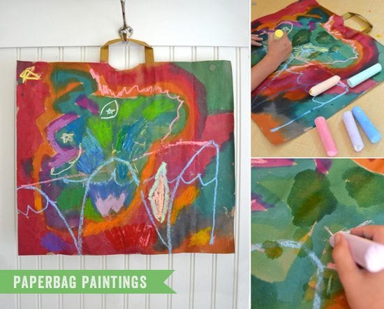 paper bags are decorated with paint and chalk in bright colors. 