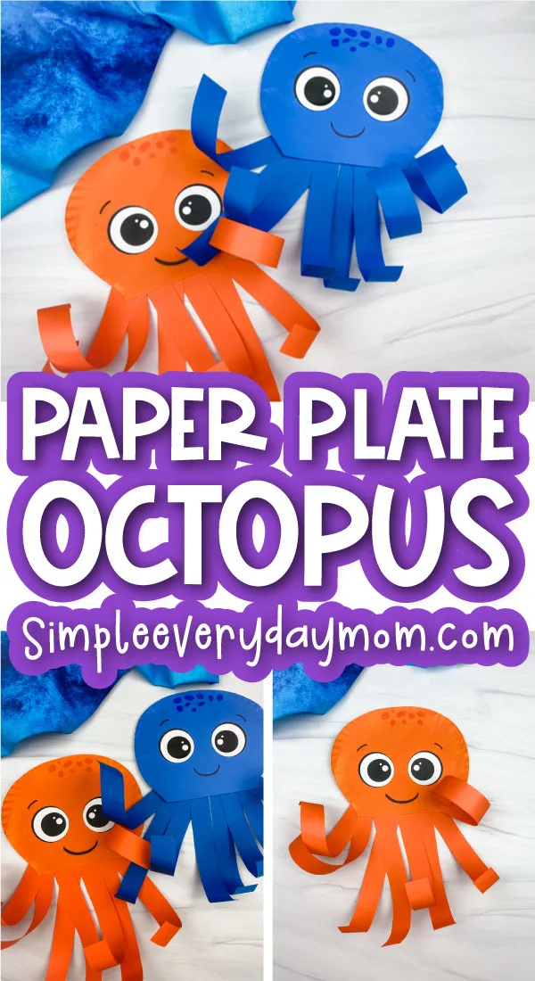 An orange and a blue octopus are made from paper plates painted with faces on them and the octopus legs are made from strips of construction paper.