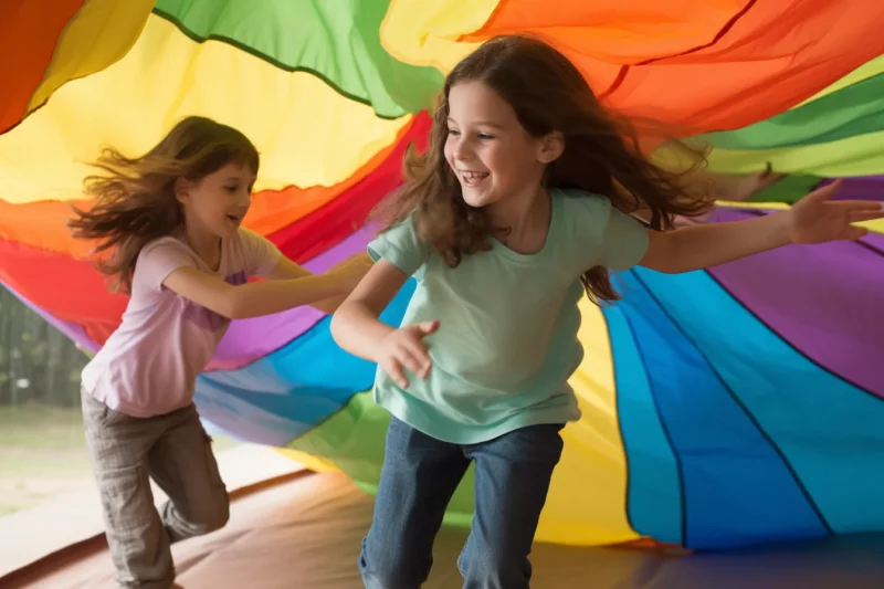 two kids running under a parachute for a parachute game 