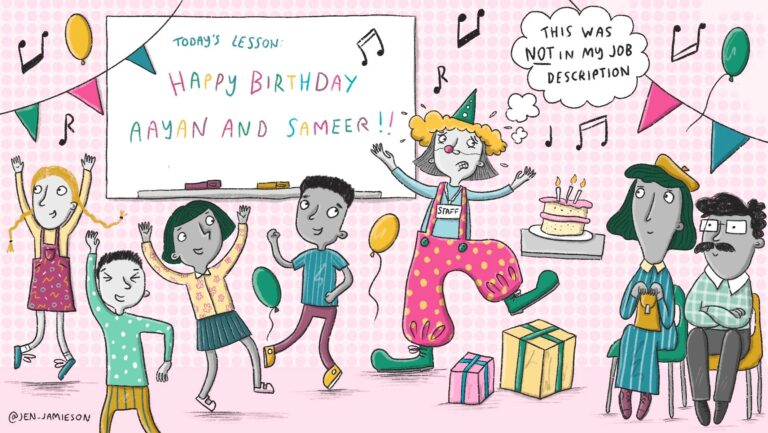 Illustration of teacher dressed as a clown at a class birthday party with parents looking on and thought bubble text 'This was not in my job description'