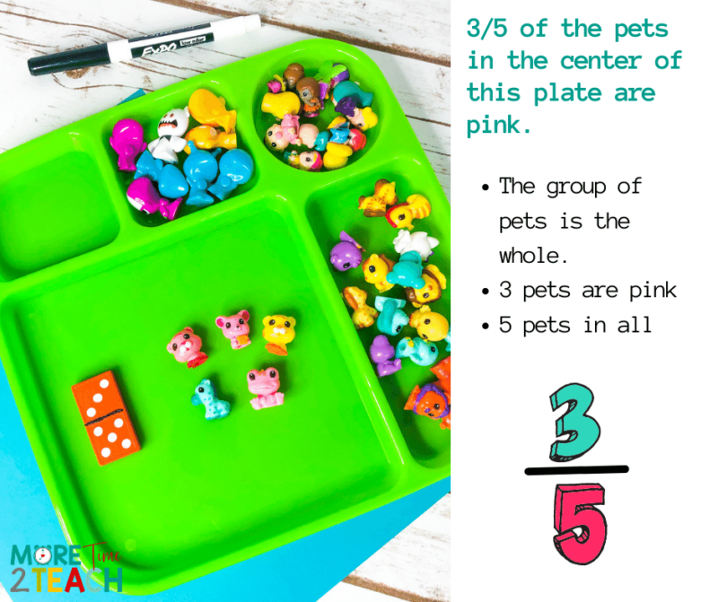 green tray with little animals and dominos on it for teaching fractions