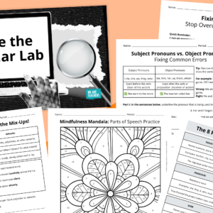 Flay lay of parts of speech worksheets and slides for middle school on an orange background