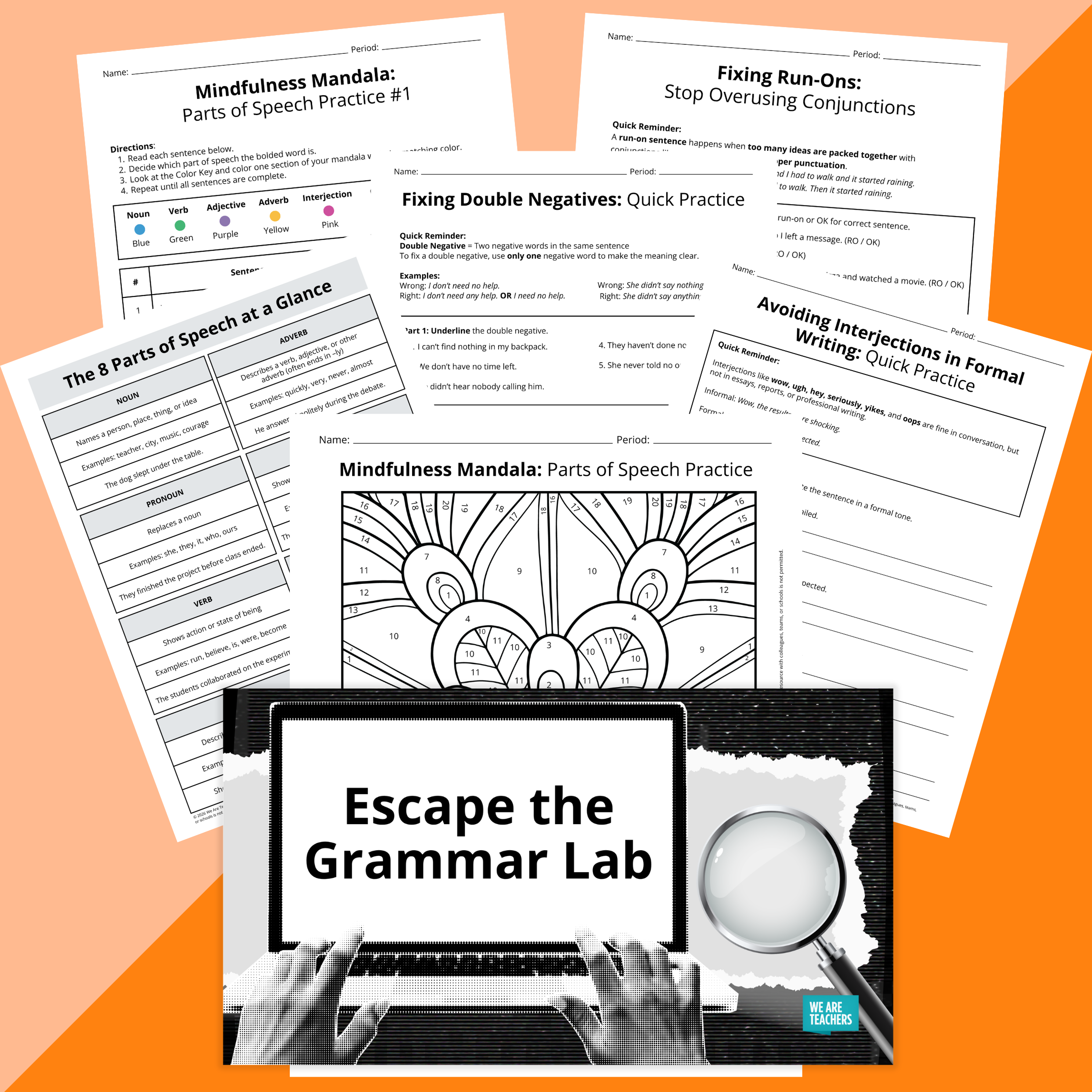 Flay lay of parts of speech worksheets and slides for middle school on an orange background