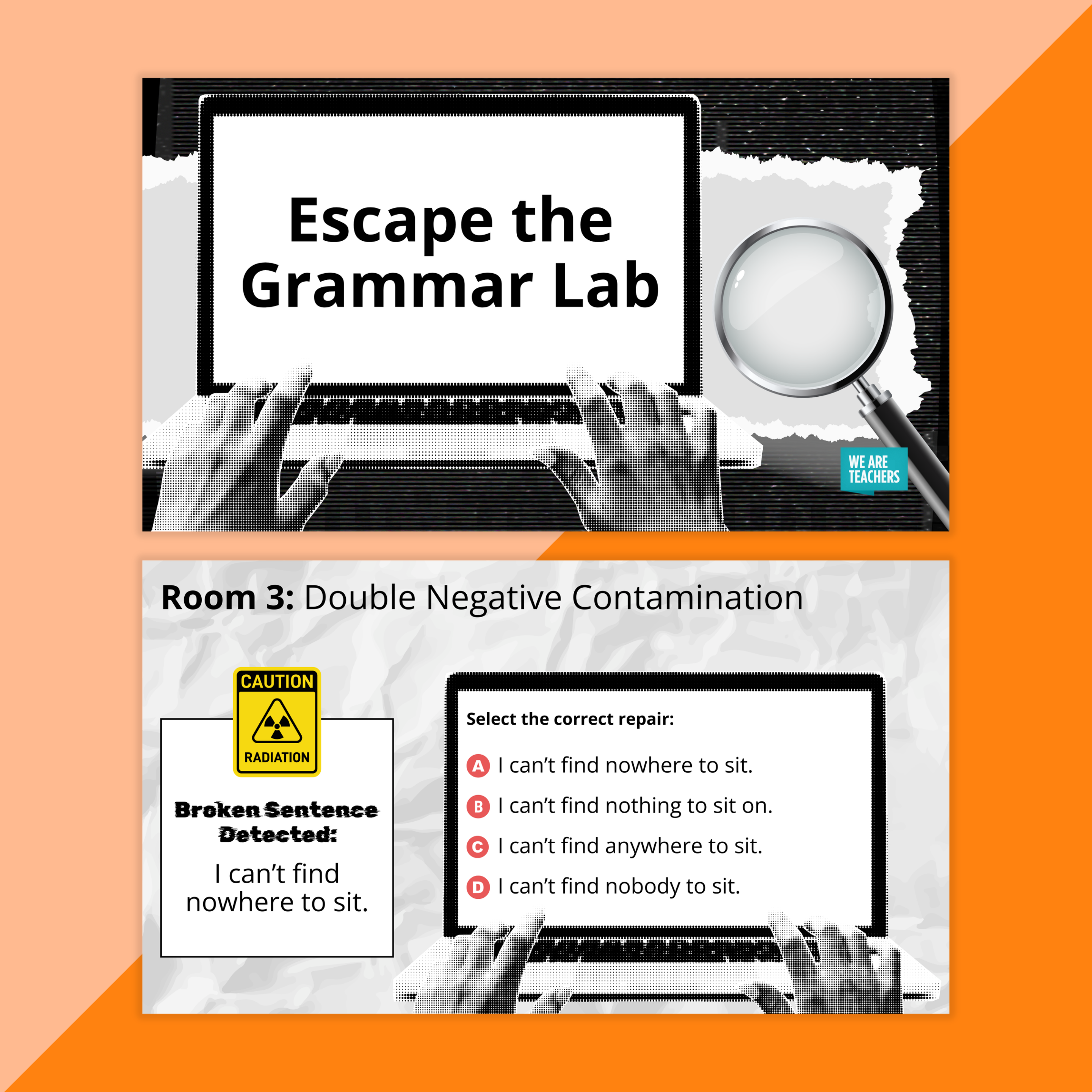 Flay lay of parts of speech worksheets and slides for middle school on an orange background