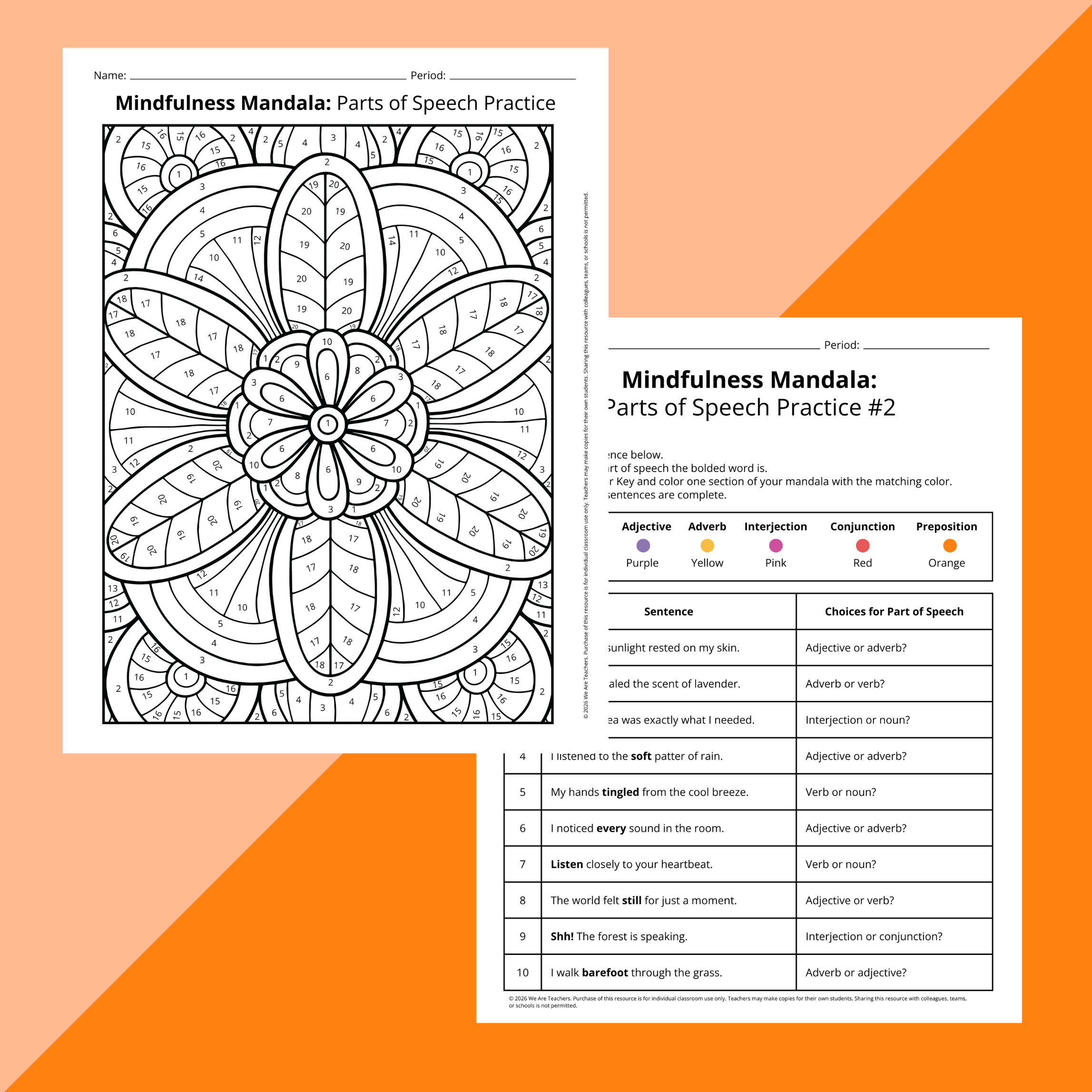 Flay lay of parts of speech worksheets and slides for middle school on an orange background