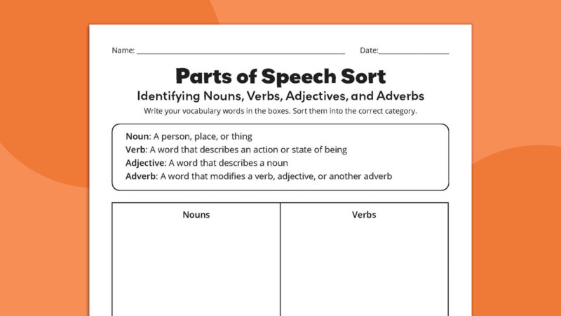 Flat lay of Parts of Speech Sort vocabulary worksheet