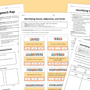 Flay lay of parts of speech worksheet pages for elementary on a yellow background