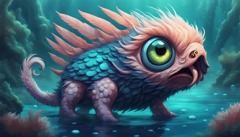 Computer illustrated creature with blue scales, pink spikes, and large eyes