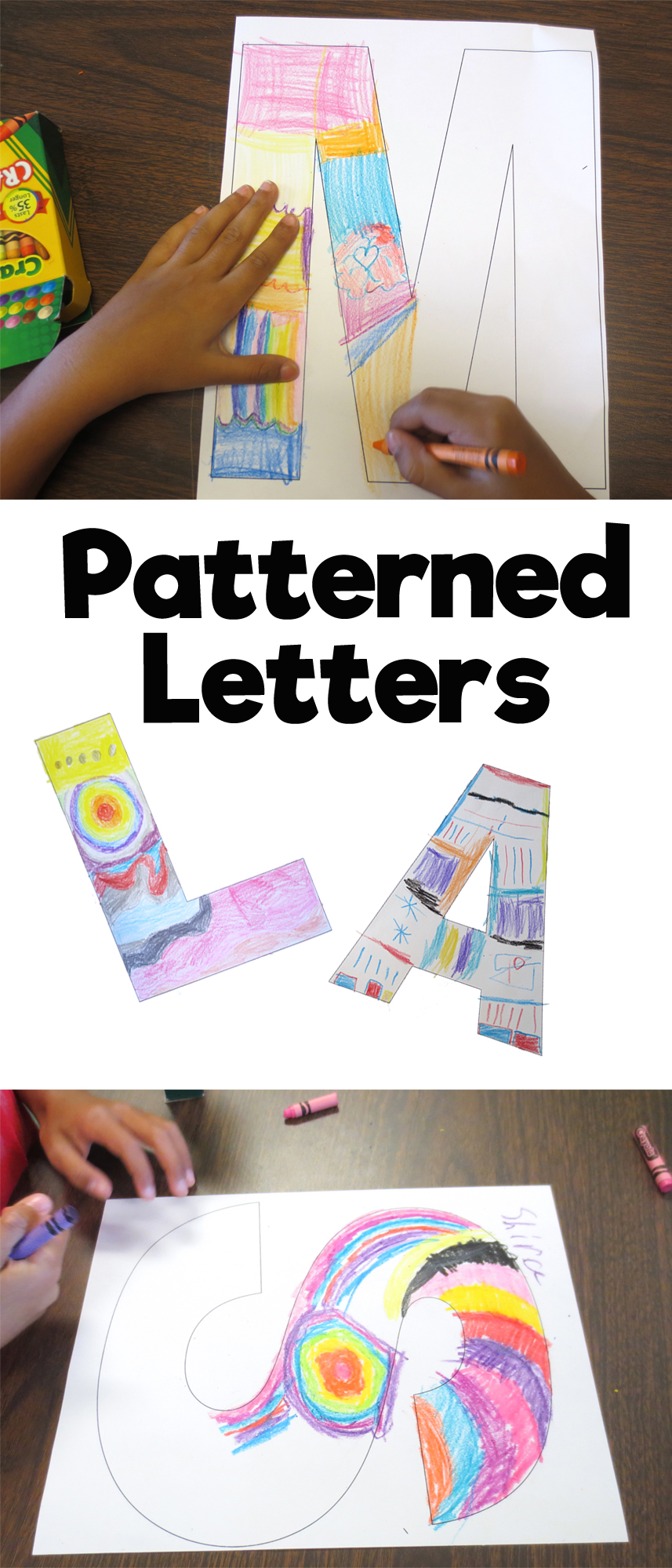 Large block letters are shown with patterns drawn in them with crayon. (first grade art)