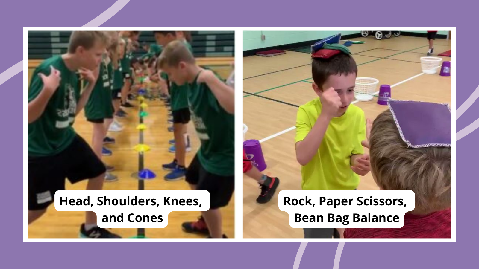 Kids playing elementary PE games like head, shoulders, knees, and cones and rock, paper, scissors, bean bag, balance