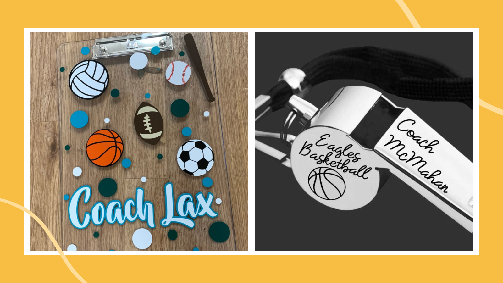 Best gifts for PE teachers including a personalized clipboard and personalized whistle.