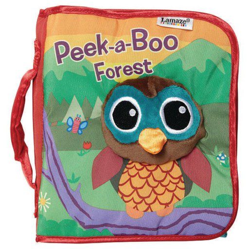 A soft cover book says Peek-a-Boo Forest and has a 3-D owl on it.