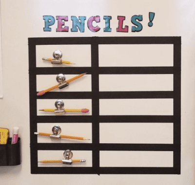 Grid made of electrical tape on the whiteboard, with pencils held in place by magnetic clips (Whiteboard Hacks)