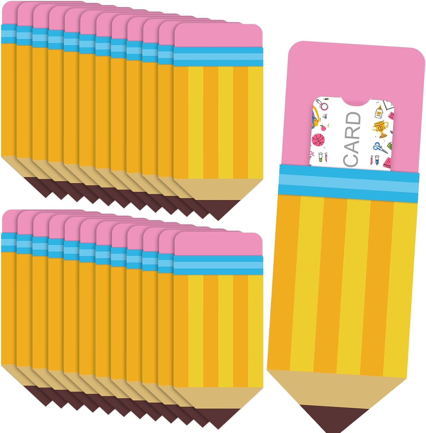 Set of 24 paper gift card holders shaped like a pencil