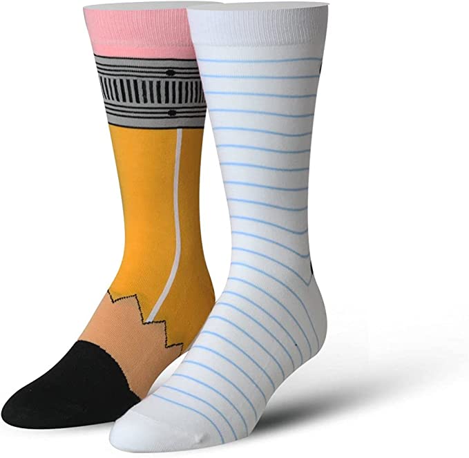 Mens teacher socks that looks a like a pencil and lined paper.