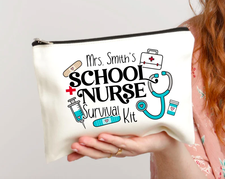 A white zipper pouch with Mrs. Smith School Nurse Survival Kit written on it
