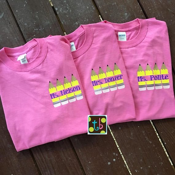 Pink teacher shirt with pencils and customizable name