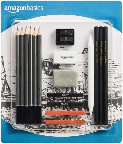 Amazon basics drawing supplies with pencils, eraser, sharpener